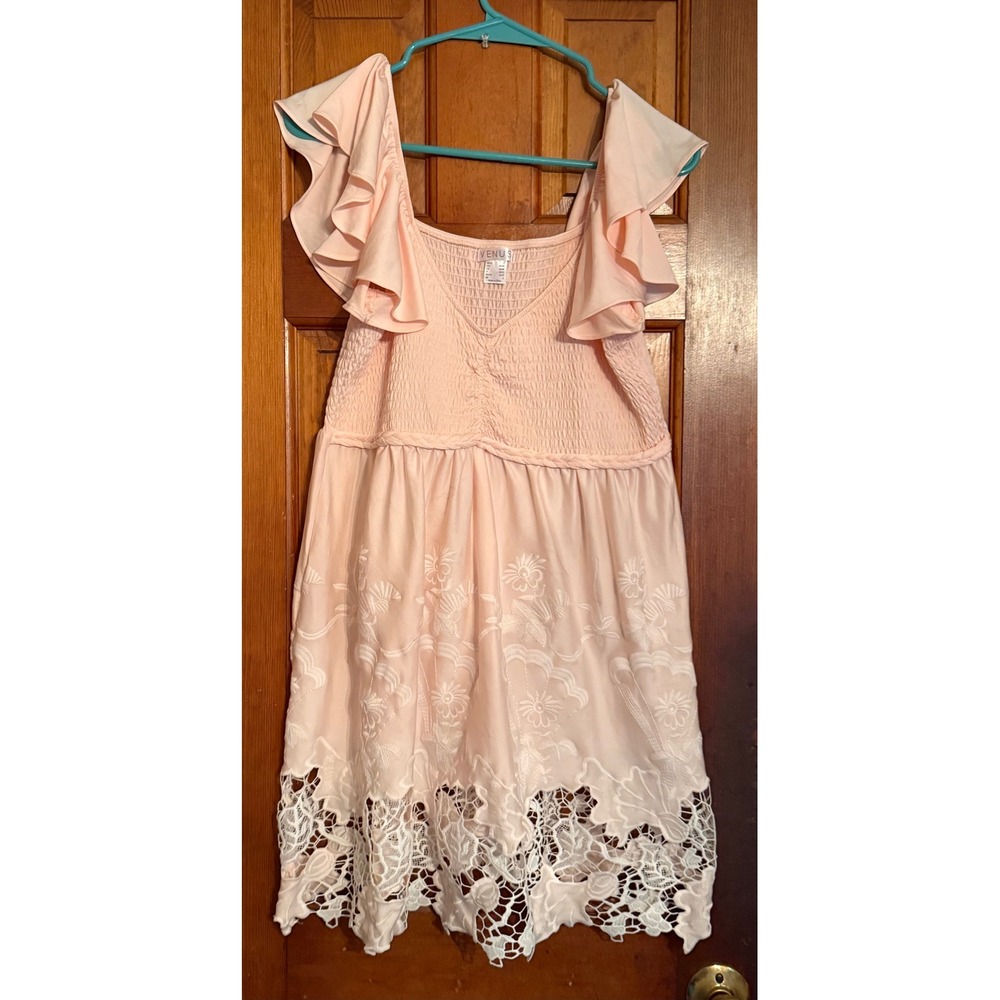 Venus Pink Smocked Ruffle Mini Dress Floral Embroidery Lace Hem Large